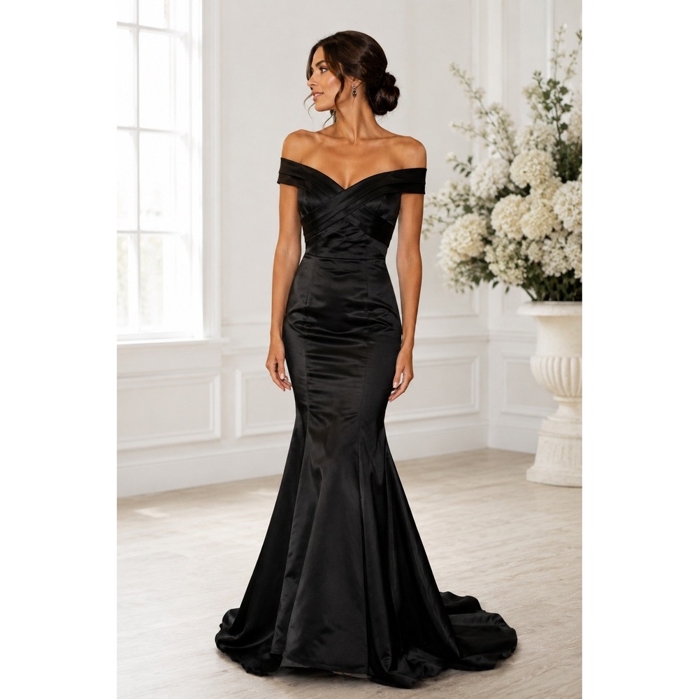 Hayley Paige Occasions Black Satin Off Shoulder Trumpet Gown 5754 Womens 8